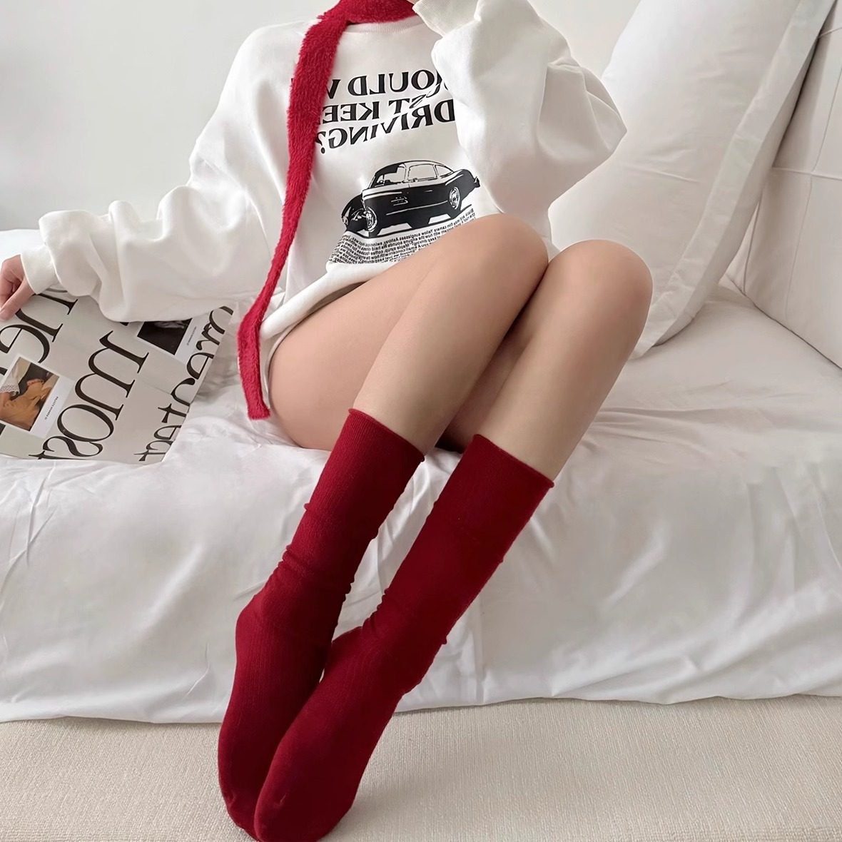 本命年红色袜子女中筒堆堆袜配小皮鞋卷边羊毛及膝小腿袜新年红袜,女士内衣/男士内衣/家居服,中筒袜,淘宝优惠券,粉丝福利购,淘宝优惠卷