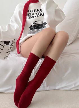 本命年红色袜子女中筒堆堆袜配小皮鞋卷边羊毛及膝小腿袜新年红袜