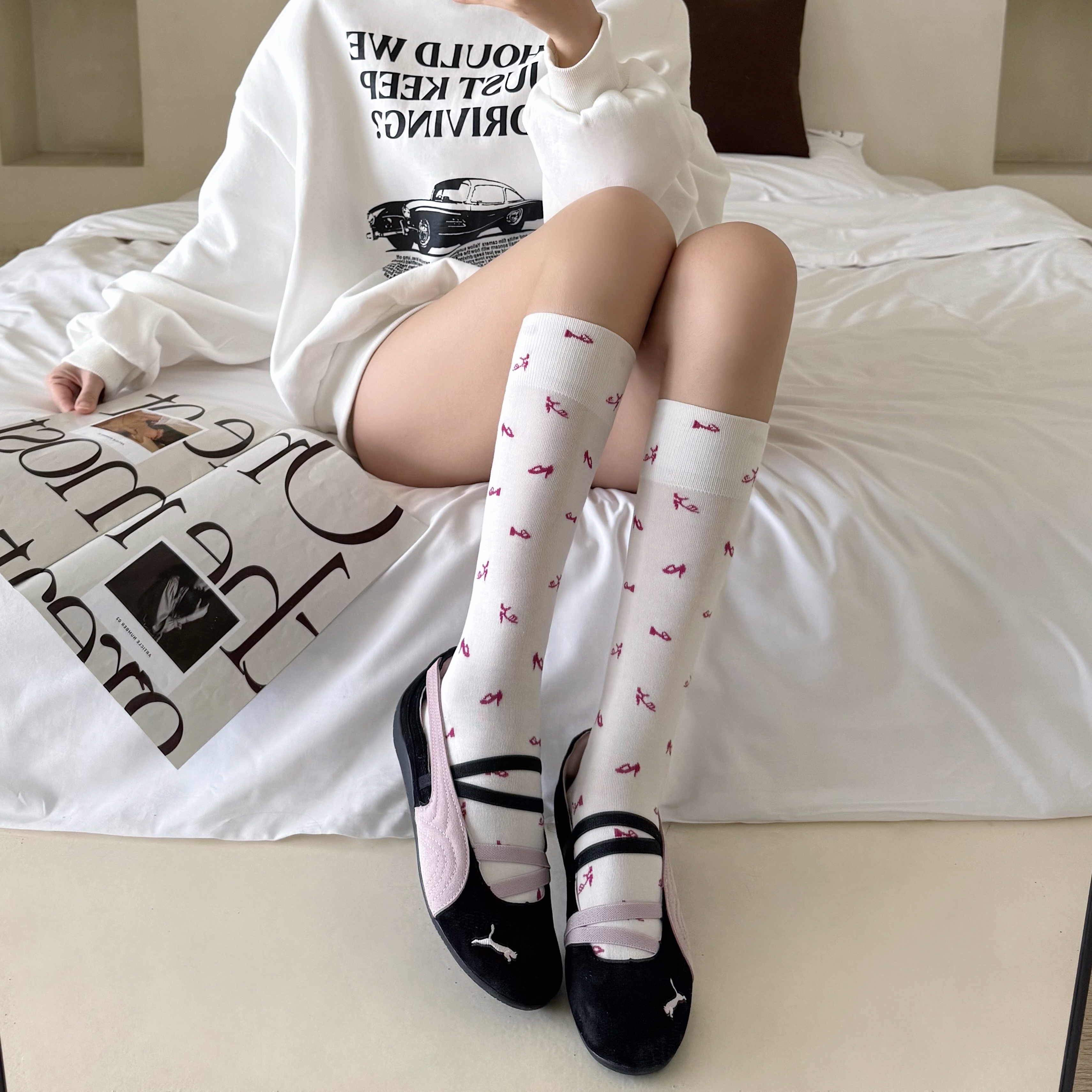 小众设计jennie白色小腿袜子女夏薄款芭蕾风中筒堆堆袜配小皮鞋棉