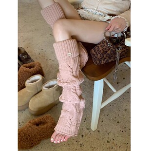 复古粉色翻边袜套加厚羊毛堆堆袜子女冬新款麻花针织韩系y2k腿套
