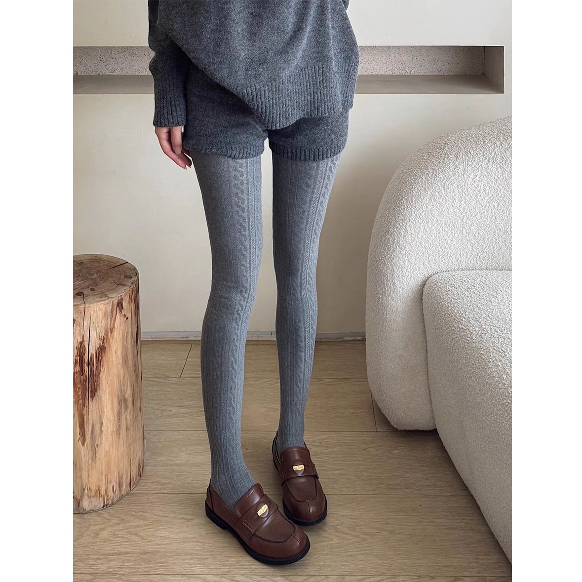 miu系秋冬灰色连裤袜女外穿显瘦打底裤日系麻花jk烟灰色打底袜裤