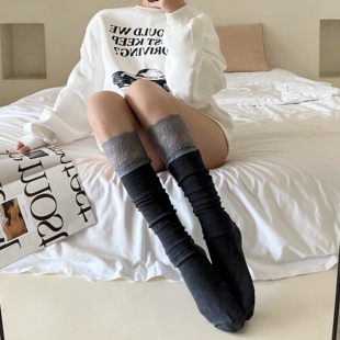 新款蕾丝拼接小腿袜芭蕾风袜子女及膝堆堆袜灰色百搭显瘦中筒袜白