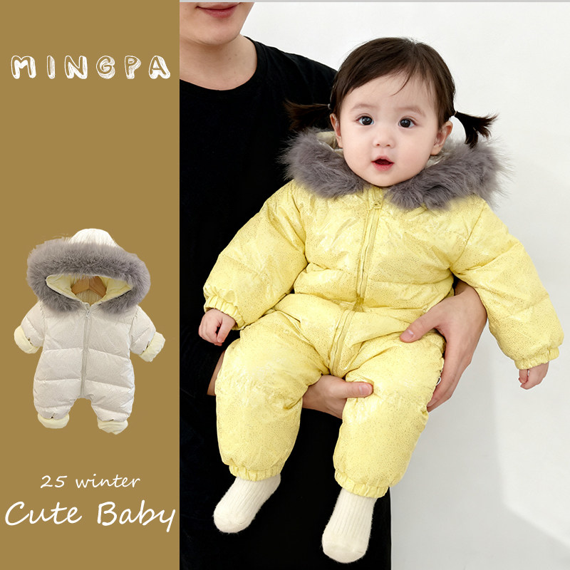 鸣爬婴儿冬季加厚羽绒连体哈衣