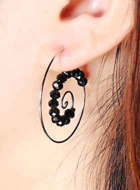 跨境欧美货源Amazon黑色珠子个性银色几何圆圈螺旋式耳环 漩涡耳