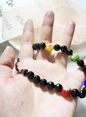 Millefiori Murano 花朵手链威尼斯 Murano 玻璃手链黑色串珠手链