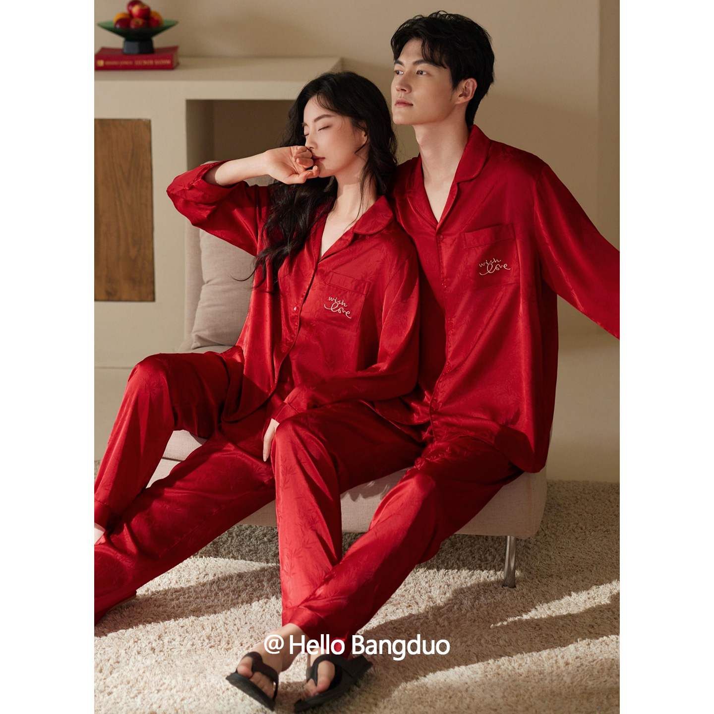 情侣睡衣女春秋款冰丝长袖红色本命年新婚结婚男士仿真丝绸家居服