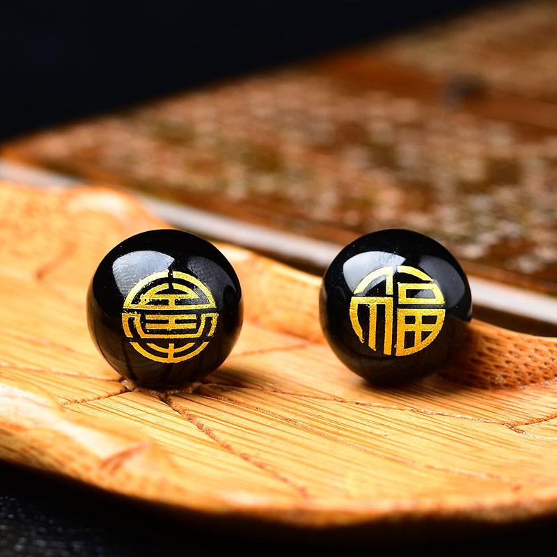 天然红玛瑙黑玛瑙雕刻福字散珠隔珠手串手链佛珠多宝配珠烫金珠子