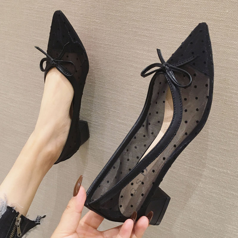 波点网纱鞋尖头浅口高跟鞋女2024年新款夏季网面透气粗跟中跟单鞋