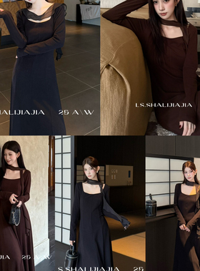 LS-秋冬上新小众设计感简约时尚方领收腰显瘦连衣裙(配飘带)61185