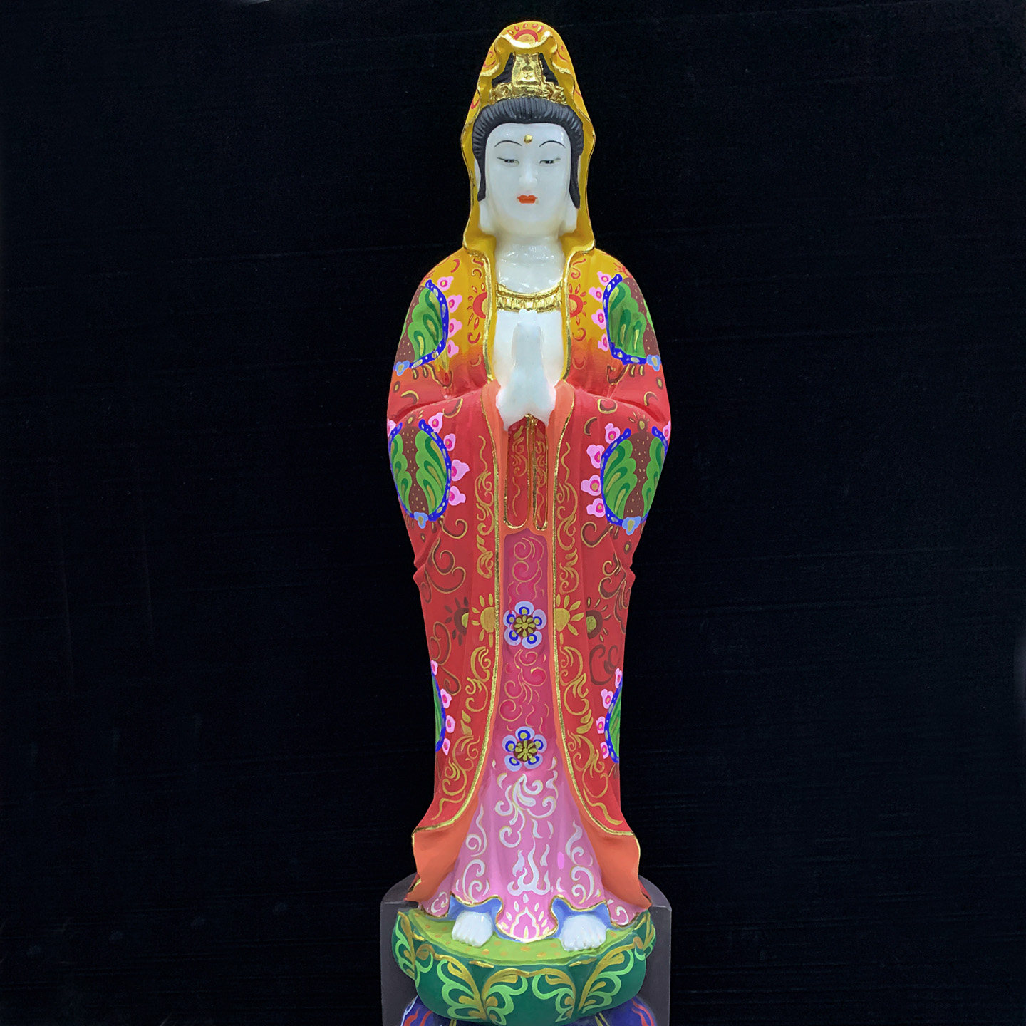 彩绘汉白玉莲花观音雕件供奉南海观世音菩萨西方三圣摆件站座款