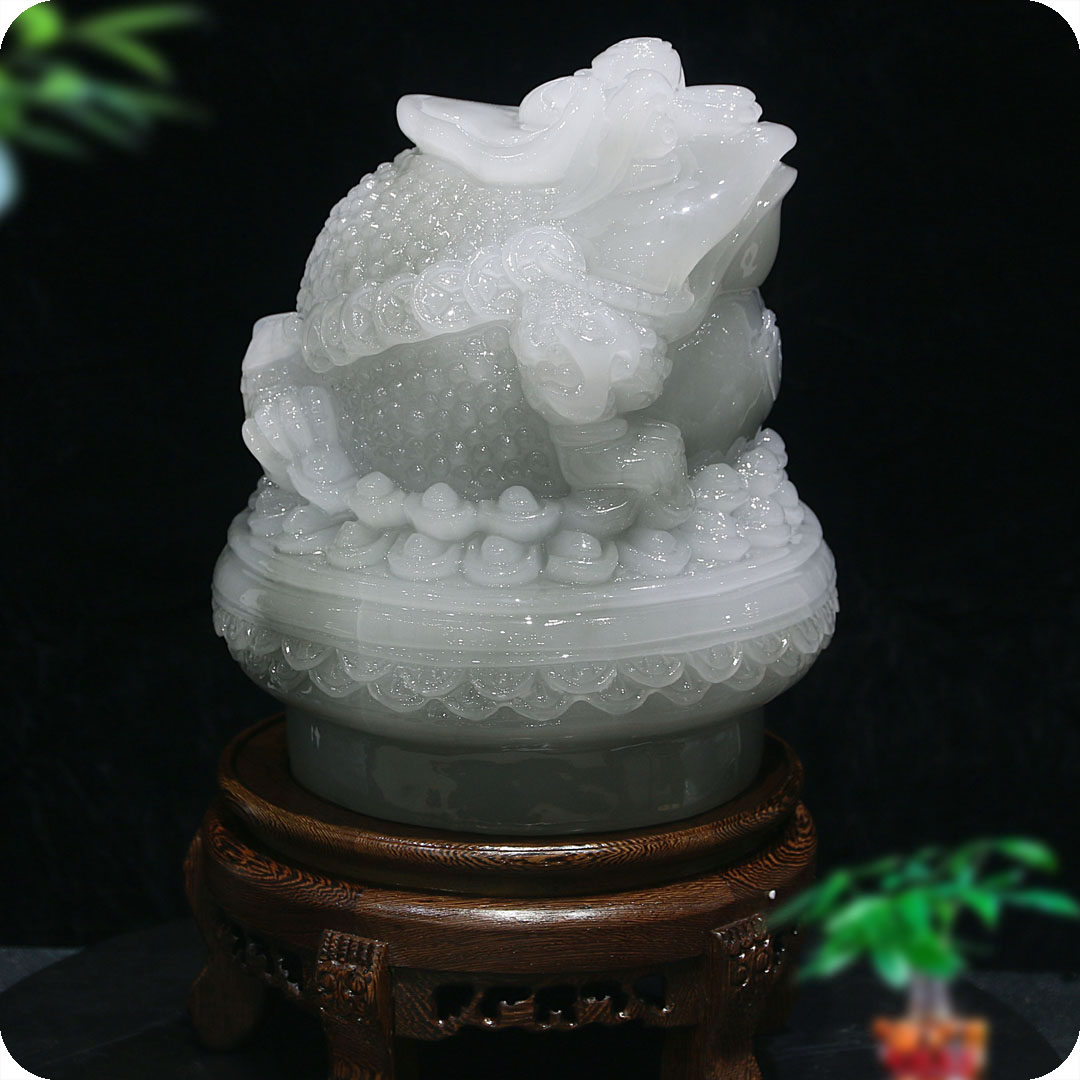 天然玉石水沫玉水磨玉聚宝盆金蟾招风水财玉摆件居家装饰客厅摆设