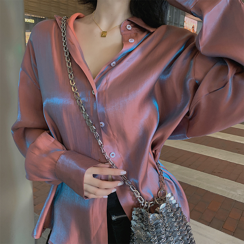 王炸炸 人鱼姬衬衫女夏薄款中长款衬衣长袖偏光休闲上衣宽松外套限时抢购