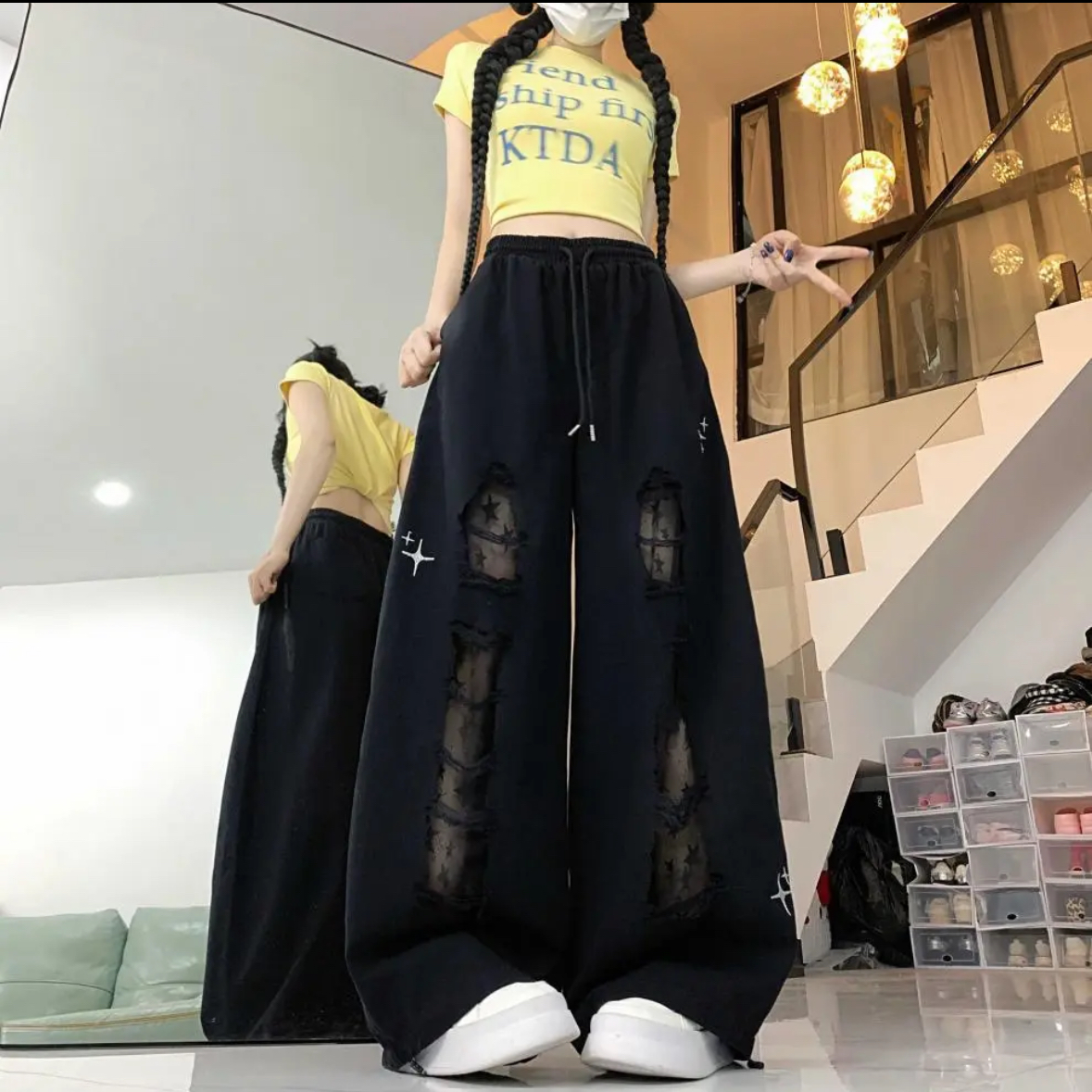 2025新款街舞潮牌贴布爵士辣妹休闲裤破洞牛仔裤女跳舞长裤小个子