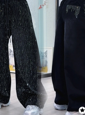 BT2560休闲风满钻阔腿牛仔裤女渐变中腰时尚黑色烫钻裤子街舞爵士