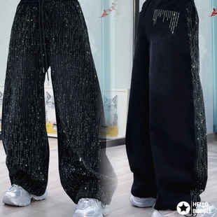 BT2560休闲风满钻阔腿牛仔裤女渐变中腰时尚黑色烫钻裤子街舞爵士