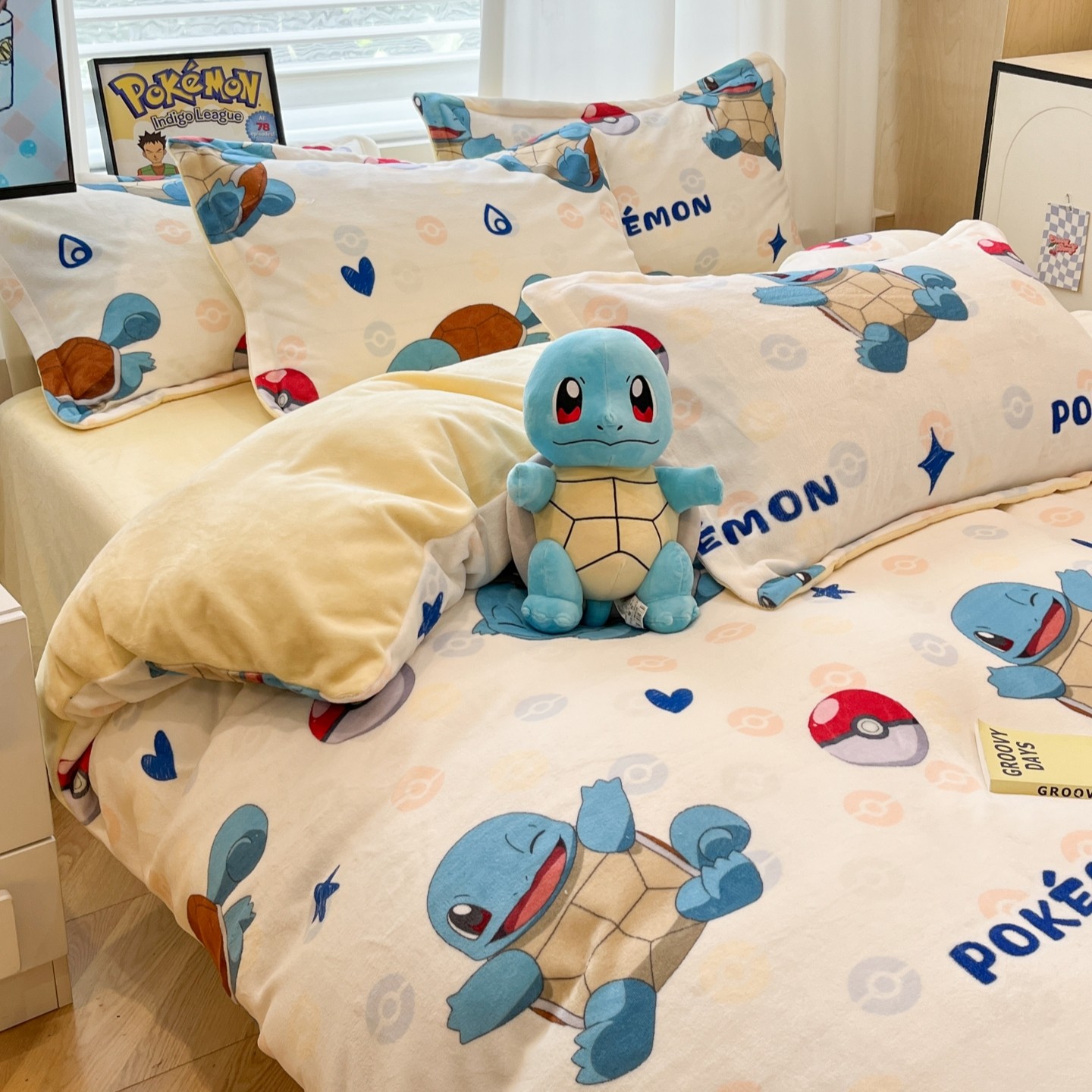 杰尼龟牛奶绒床上四件套宝可梦冬季加绒被套可爱学生床单人三件套,床上用品,床品套件/四件套/多件套,淘宝优惠券,粉丝福利购,淘宝优惠卷