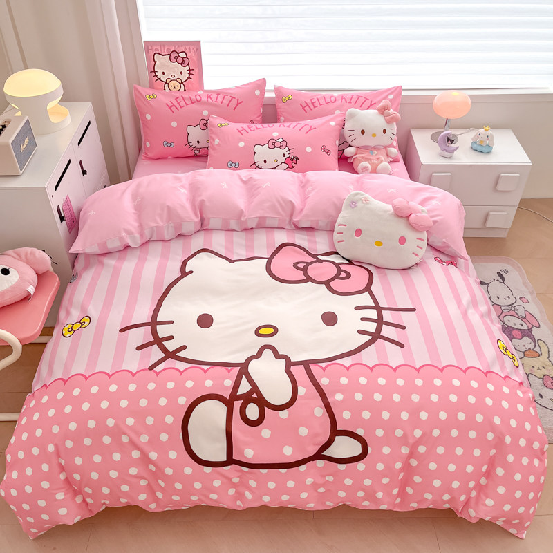 HelloKitty纯棉女孩四件套全棉儿童卡通床单三件套少女心被套床笠