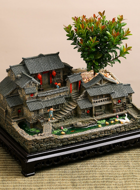 仿真鱼池微景观复古房子灯笼可亮