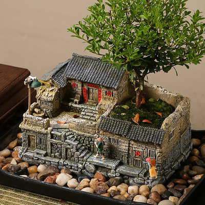 文竹盆景植物室内小盆栽客厅办公室桌面微景观造景老房子模型摆件