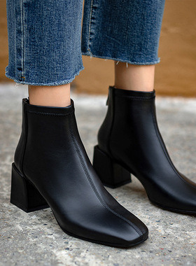小码31 32 33真皮春秋新款5粗跟黑色百搭后拉链短靴大码女鞋41-43