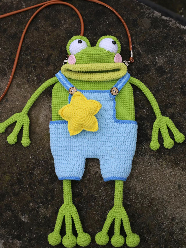 毛线钩针大嘴青蛙手机包diy自制材料包手工钩织丑萌亲子斜挎包