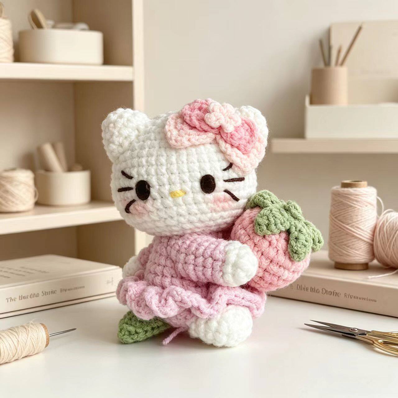 粉色草莓Kitty可爱小玩偶编织diy材料包毛线钩织手工自制挂件
