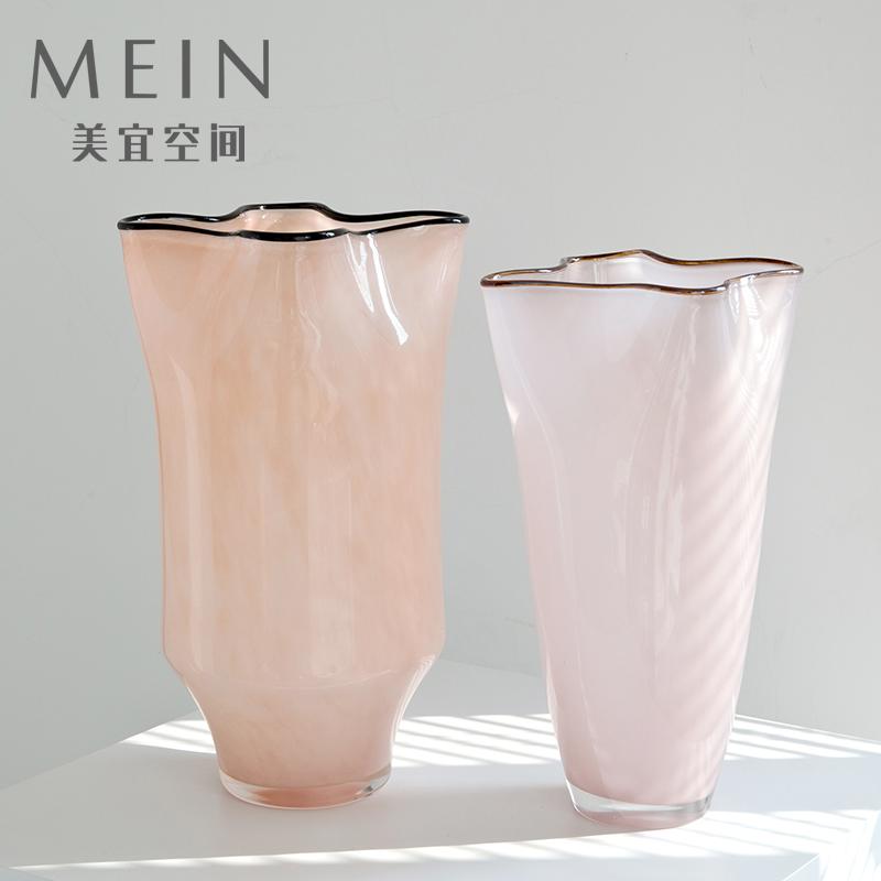 北欧温柔玉粉色四叶草皱褶中古手工琉璃玻璃花瓶客厅玄关插花器