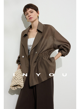 因由 轻薄老钱风亚麻上衣灰绿双排扣干爽廓形收腰防晒外套女春夏