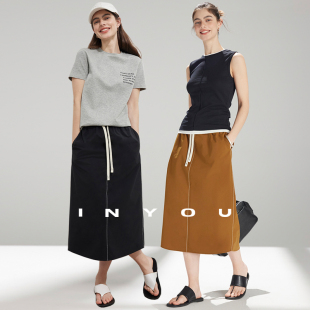 轻户外度假抽绳松紧腰中长款 00上新 直筒半裙 am10 因由