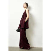 极简纸片人无袖 马夹智性老钱风竖纹皱亚麻马甲 休闲裤 因由 套装 女