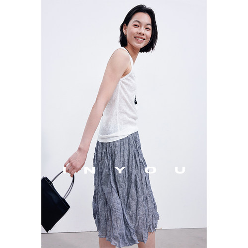 因由 休闲A字松紧腰金属丝时尚气质夏季新款全亚麻半身中裙女
