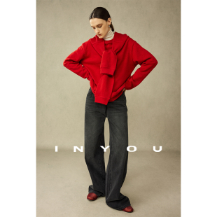 百搭时尚 斜门襟阔腿牛仔裤 直筒休闲裤 复古拖地裤 女 秋冬厚款 因由