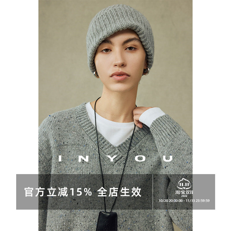 因由 INS风羊毛V领针织衫慵懒舒适感轻暖高级百搭灰色套头毛衣女