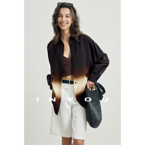 因由 松弛高级感黑色衬衫秋季轻爽度假风轻薄印花衬衣+长裤套装女