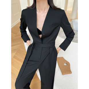 高腰显瘦阔腿连身裤 2025春秋新款 气质通勤设计感无领连体裤 因由