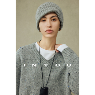 因由 慵懒舒适感轻暖高级百搭灰色套头毛衣女 INS风羊毛V领针织衫