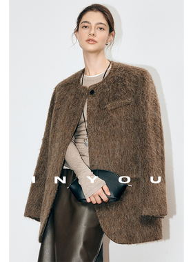 因由 复古圆领毛呢外套女冬蓝色小香风高级感宽松短款羊开衫大衣