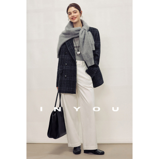 外套女 老钱格子进口高品质羊毛黑灰色廓形秋冬宽松西装 因由 经典