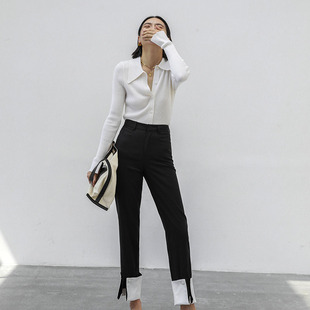 秋季 开叉两穿设计感通勤显瘦高腰休闲裤 撞色翻边宽松直筒裤 因由