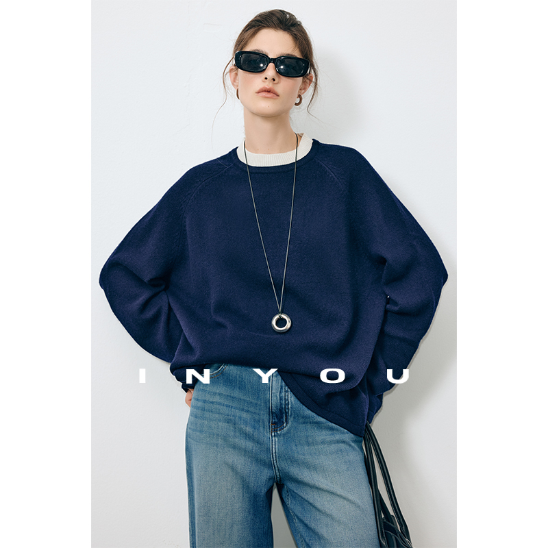 因由 设计感撞色上衣假两件层次感叠穿插肩袖软糯荃羊毛毛衣女