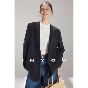 因由 外套女 极简高智清凉天丝春夏莫兰迪设计感气质上衣无领西装