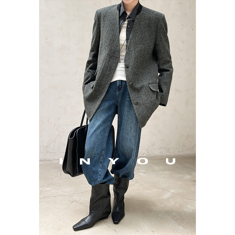 因由 时髦摩登简约保暖羊毛上衣无领外套混彩花呢撞色边西装女