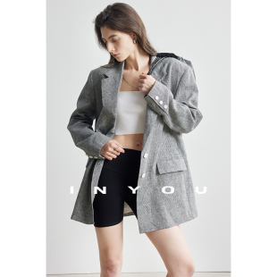 老钱混花灰西服经典 因由 早秋时尚 长袖 外套女 千鸟格上衣亚麻西装