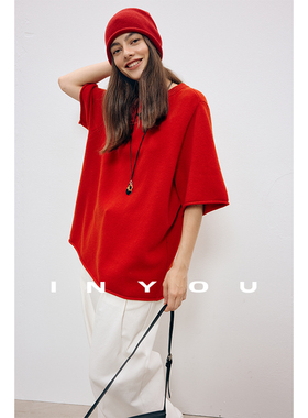 因由 松弛感针织T恤春夏主打R0W风廓形超细美利奴简约羊毛短袖女