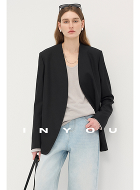 因由【01/16 am10:00上新】極简精纺羊毛无领大牌宽松时尚西装女