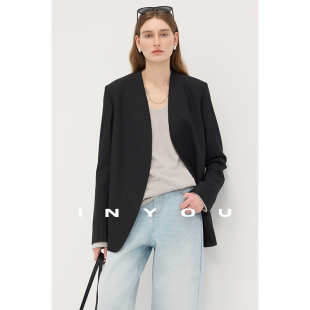 外套女 早春黑色显瘦西装 因由 极简精纺羊毛无领大牌宽松休闲时尚