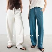 因由 松弛感春夏复古显瘦修腿型直筒牛仔裤 休闲宽松高腰长裤 经典