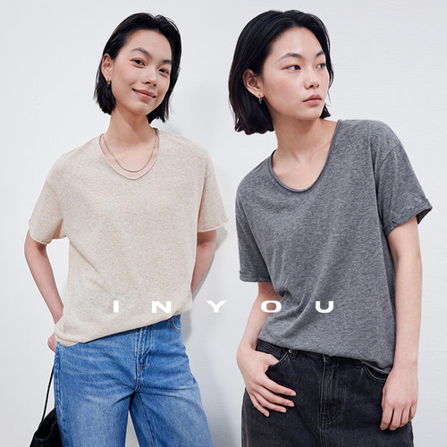 因由 夏日休闲上衣简约舒适纯色百搭亚麻水滴领针织宽松T恤女短袖