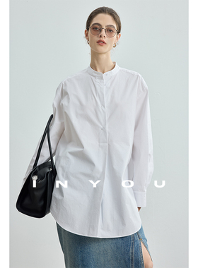 因由 ROW风立体茧型休闲白色简约上衣纯棉套头半开襟长袖衬衫女