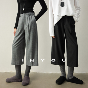 羊毛直筒西裤 因由 INS风宽松休闲老钱风八分裤 显瘦垂感阔腿裤 时尚